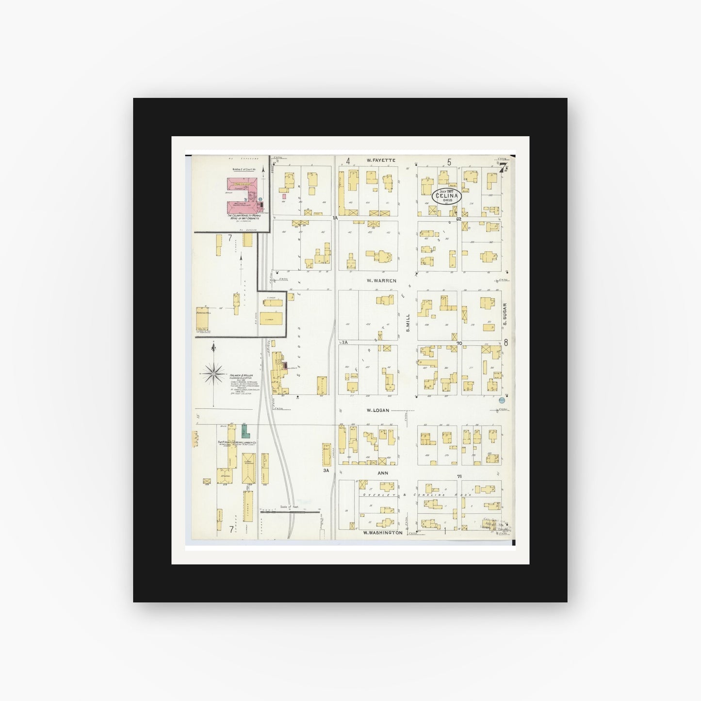 Old map wall art mockup — black gallery frame with white mat — Sanborn Fire Insurance Map from Celina, Mercer County, Ohio (1907), Sheet #0007