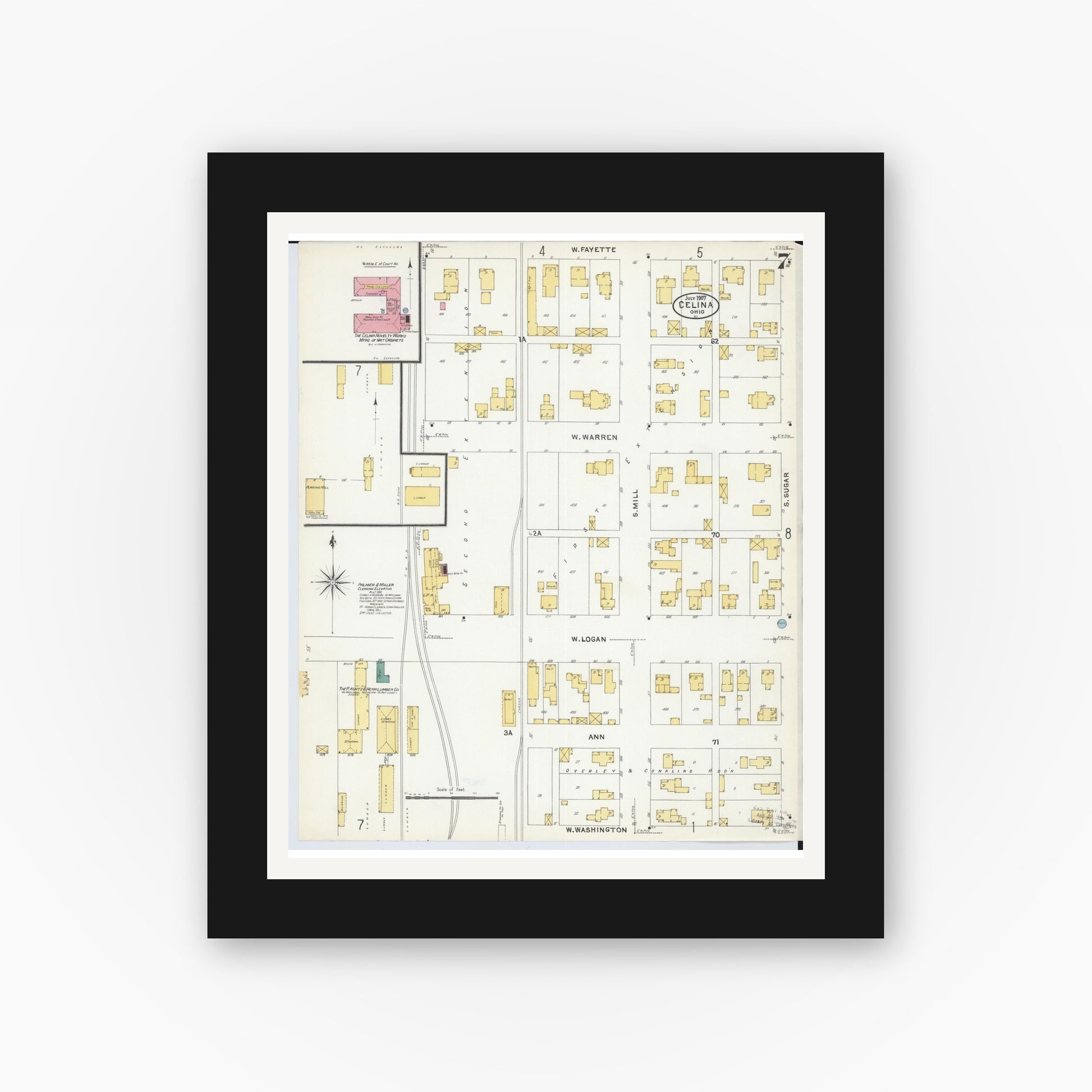 Old map wall art mockup — black gallery frame with white mat — Sanborn Fire Insurance Map from Celina, Mercer County, Ohio (1907), Sheet #0007