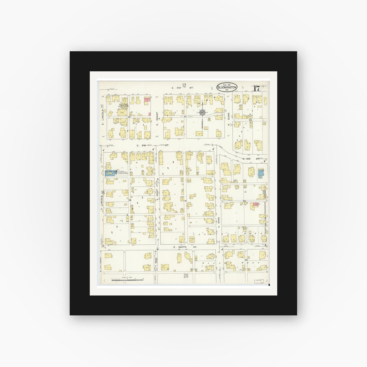 Old map wall art mockup — black gallery frame with white mat — Sanborn Fire Insurance Map from Bloomington, Monroe County, Indiana (1913), Sheet #0017