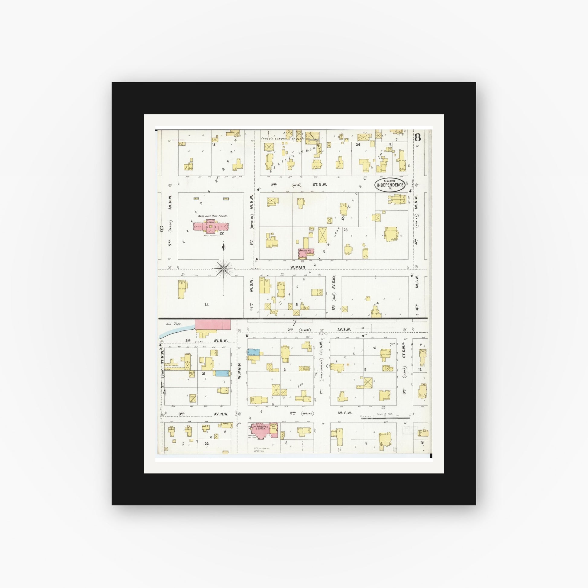 Old map wall art mockup — black gallery frame with white mat — Sanborn Fire Insurance Map from Independence, Buchanan County, Iowa (1899), Sheet #0008