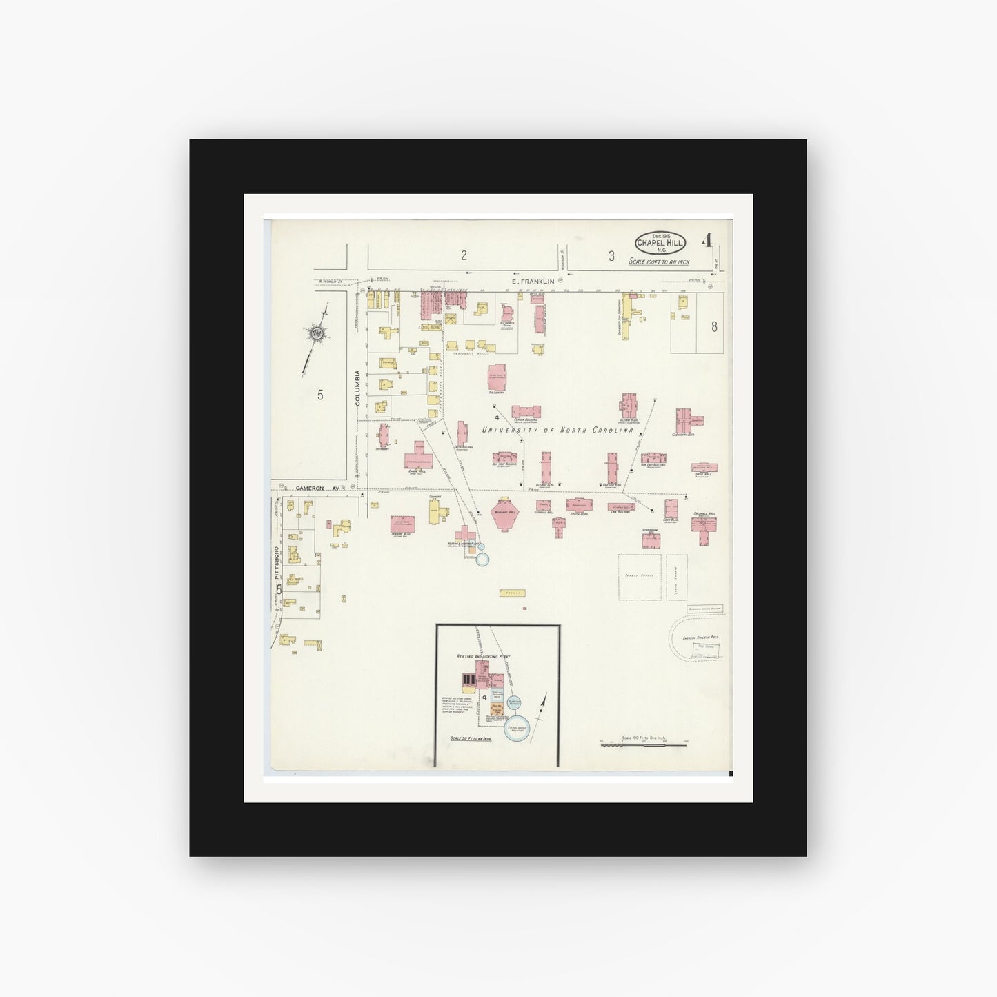Old map wall art mockup — black gallery frame with white mat — Sanborn Fire Insurance Map from Chapel Hill, Orange County, North Carolina (1915), Sheet #0004