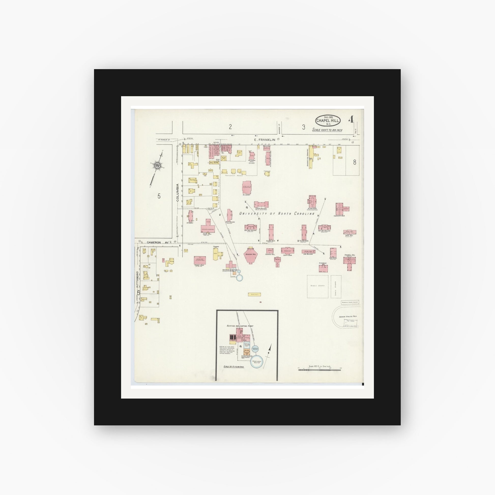 Old map wall art mockup — black gallery frame with white mat — Sanborn Fire Insurance Map from Chapel Hill, Orange County, North Carolina (1915), Sheet #0004
