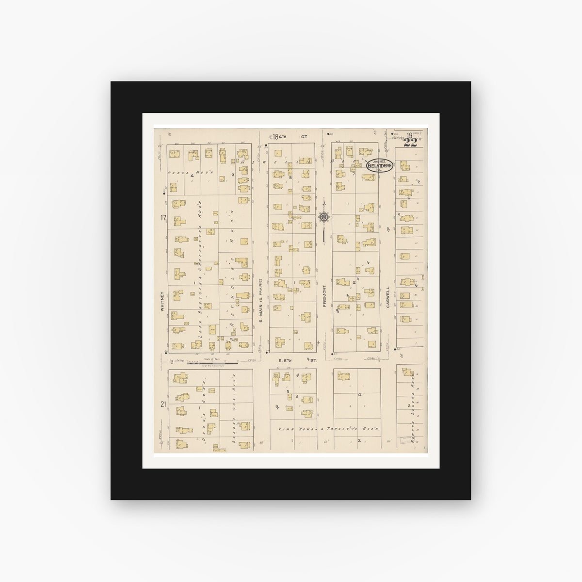 Old map wall art mockup — black gallery frame with white mat — Sanborn Fire Insurance Map from Belvidere, Boone County, Illinois (1922), Sheet #0022