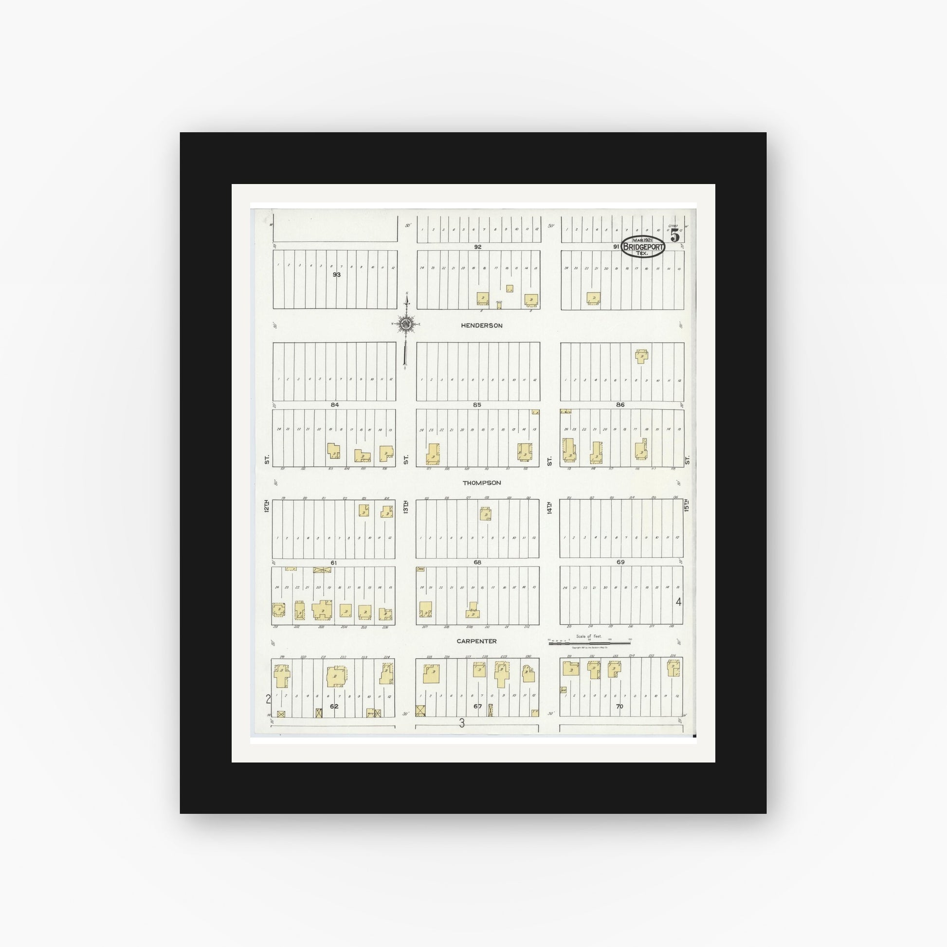 Old map wall art mockup — black gallery frame with white mat — Sanborn Fire Insurance Map from Bridgeport, Wise County, Texas (1921), Sheet #0005