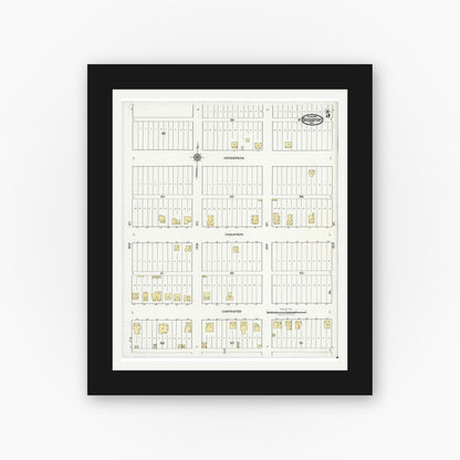 Old map wall art mockup — black gallery frame with white mat — Sanborn Fire Insurance Map from Bridgeport, Wise County, Texas (1921), Sheet #0005