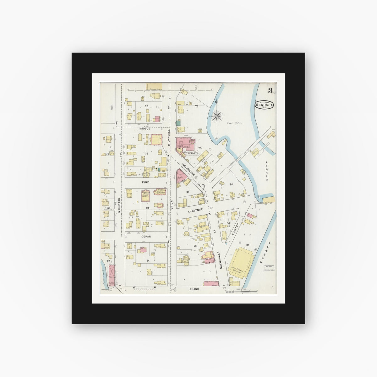 Old map wall art mockup — black gallery frame with white mat — Sanborn Fire Insurance Map from Kenosha, Kenosha County, Wisconsin (1894), Sheet #0003