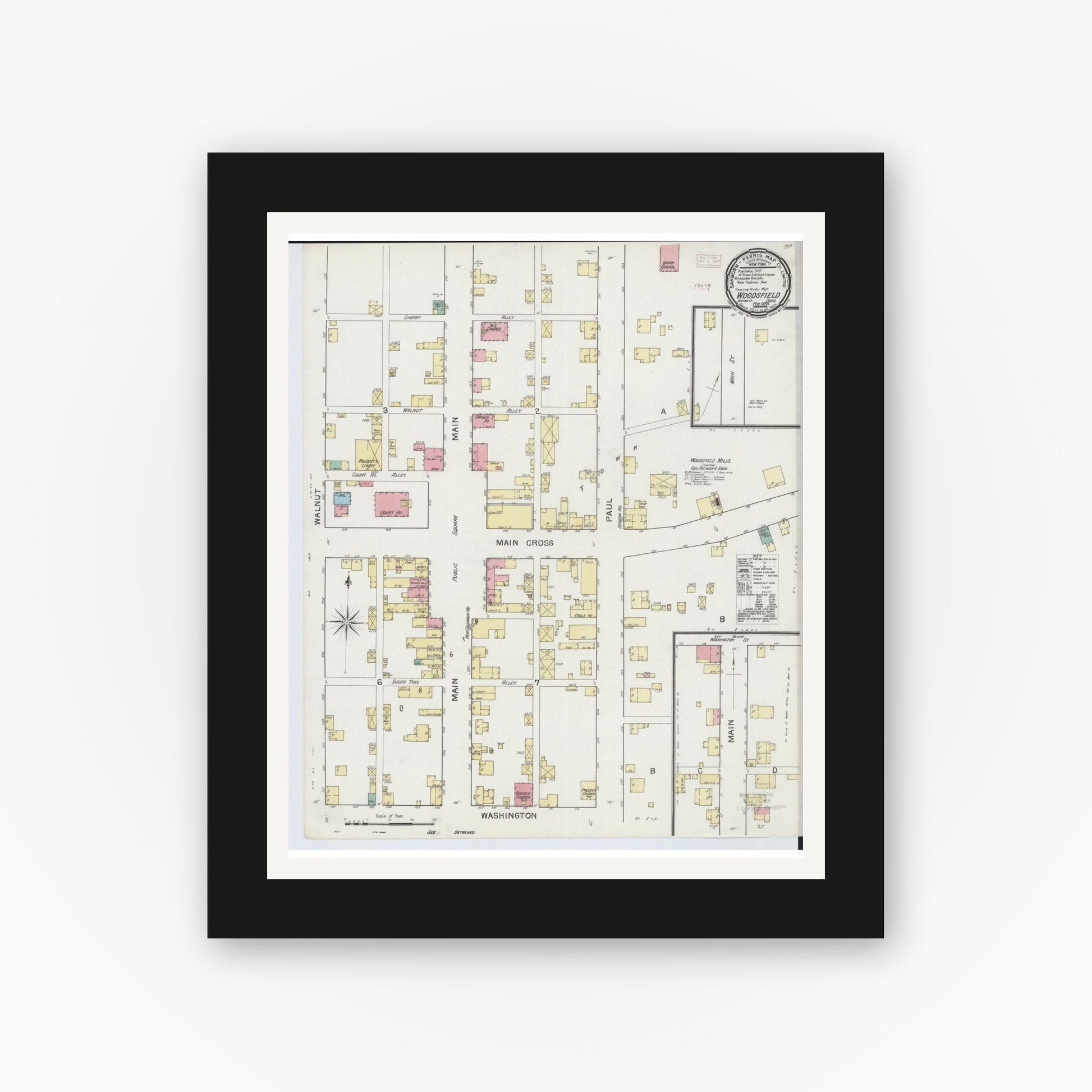 Old map wall art mockup — black gallery frame with white mat — Sanborn Fire Insurance Map from Woodsfield, Monroe County, Ohio (1893), Sheet #0001