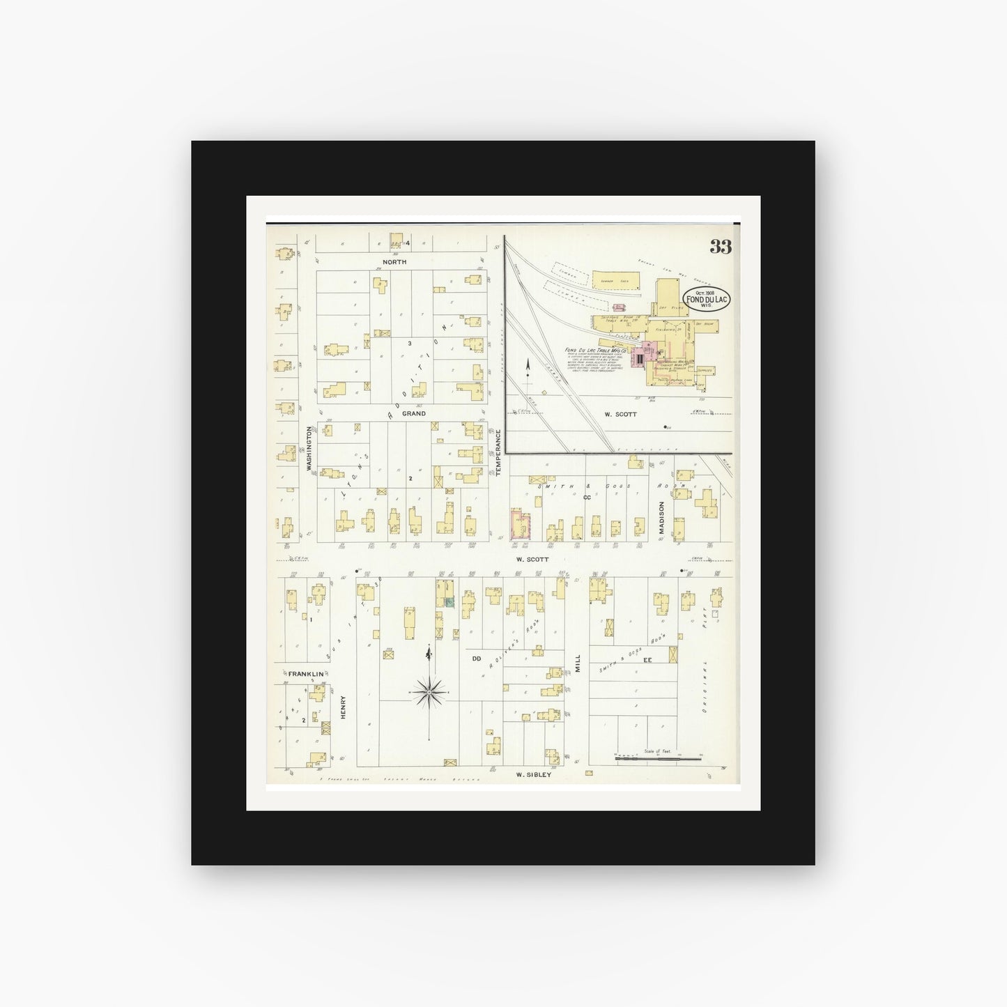 Old map wall art mockup — black gallery frame with white mat — Sanborn Fire Insurance Map from Fond du Lac, Fond du Lac County, Wisconsin (1908), Sheet #0033