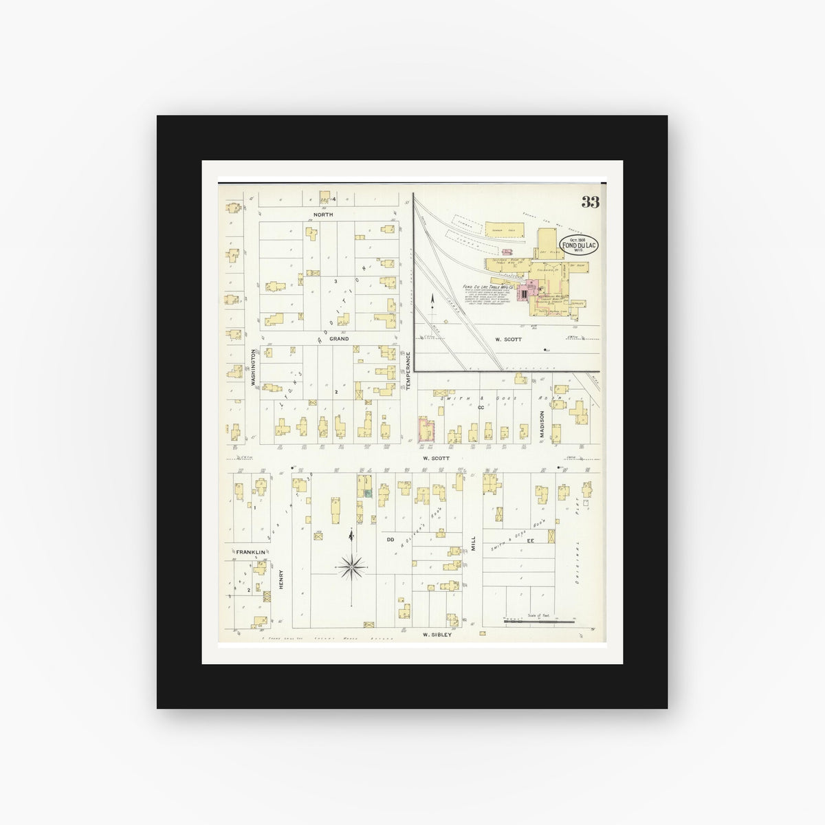 Old map wall art mockup — black gallery frame with white mat — Sanborn Fire Insurance Map from Fond du Lac, Fond du Lac County, Wisconsin (1908), Sheet #0033