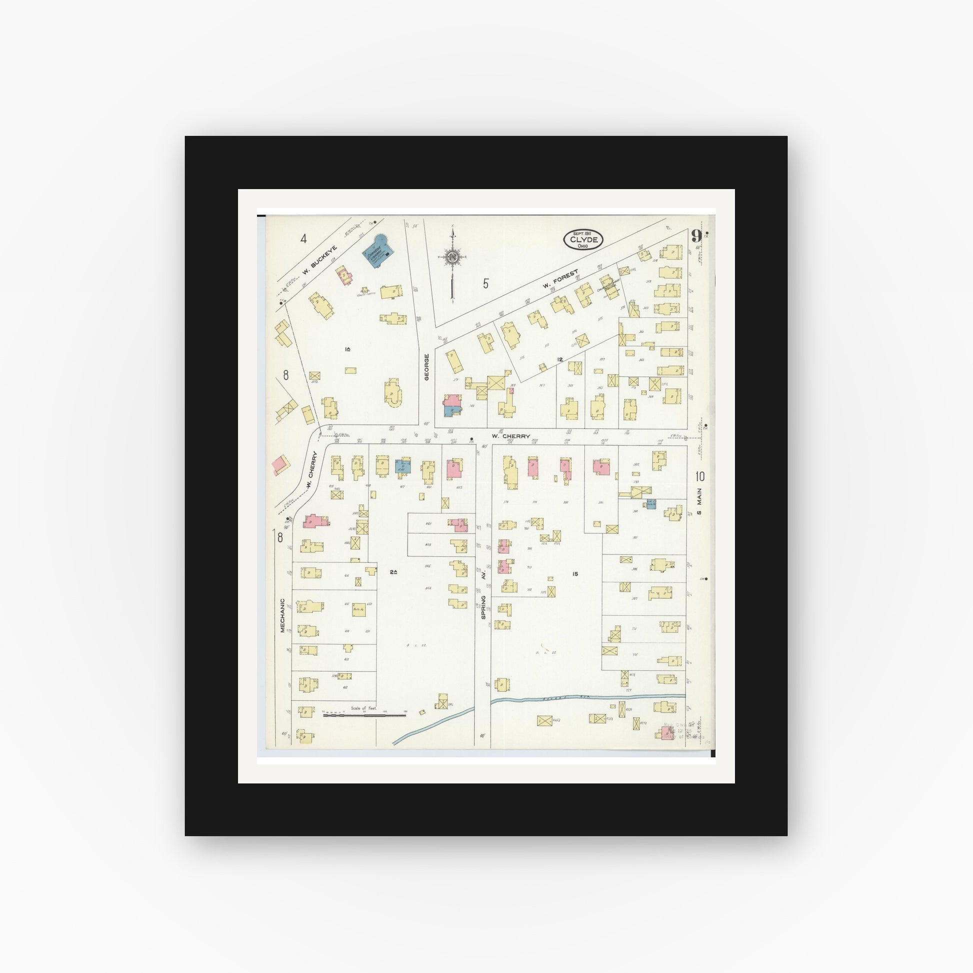Old map wall art mockup — black gallery frame with white mat — Sanborn Fire Insurance Map from Clyde, Sandusky County, Ohio (1911), Sheet #0009