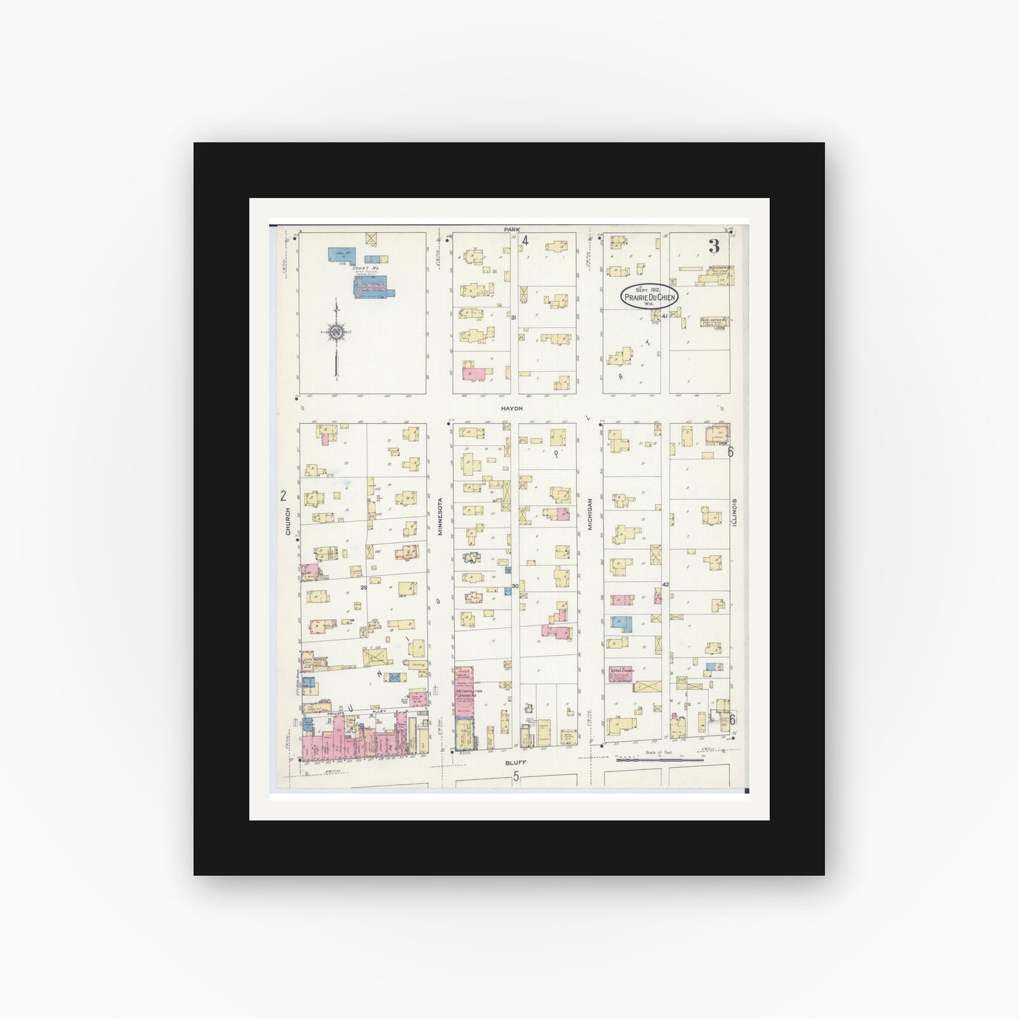 Old map wall art mockup — black gallery frame with white mat — Sanborn Fire Insurance Map from Prairie du Chien, Crawford County, Wisconsin (1912), Sheet #0003