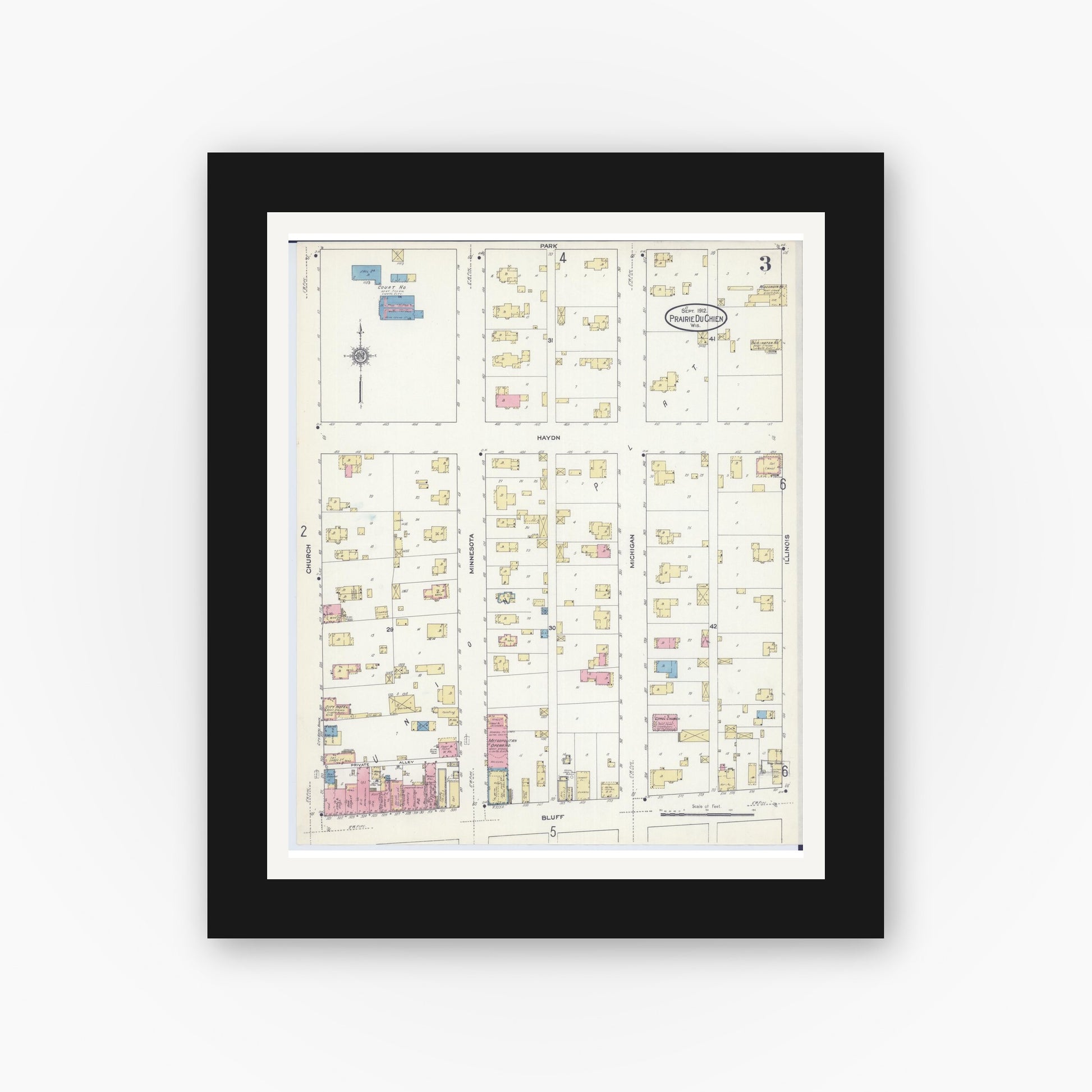 Old map wall art mockup — black gallery frame with white mat — Sanborn Fire Insurance Map from Prairie du Chien, Crawford County, Wisconsin (1912), Sheet #0003