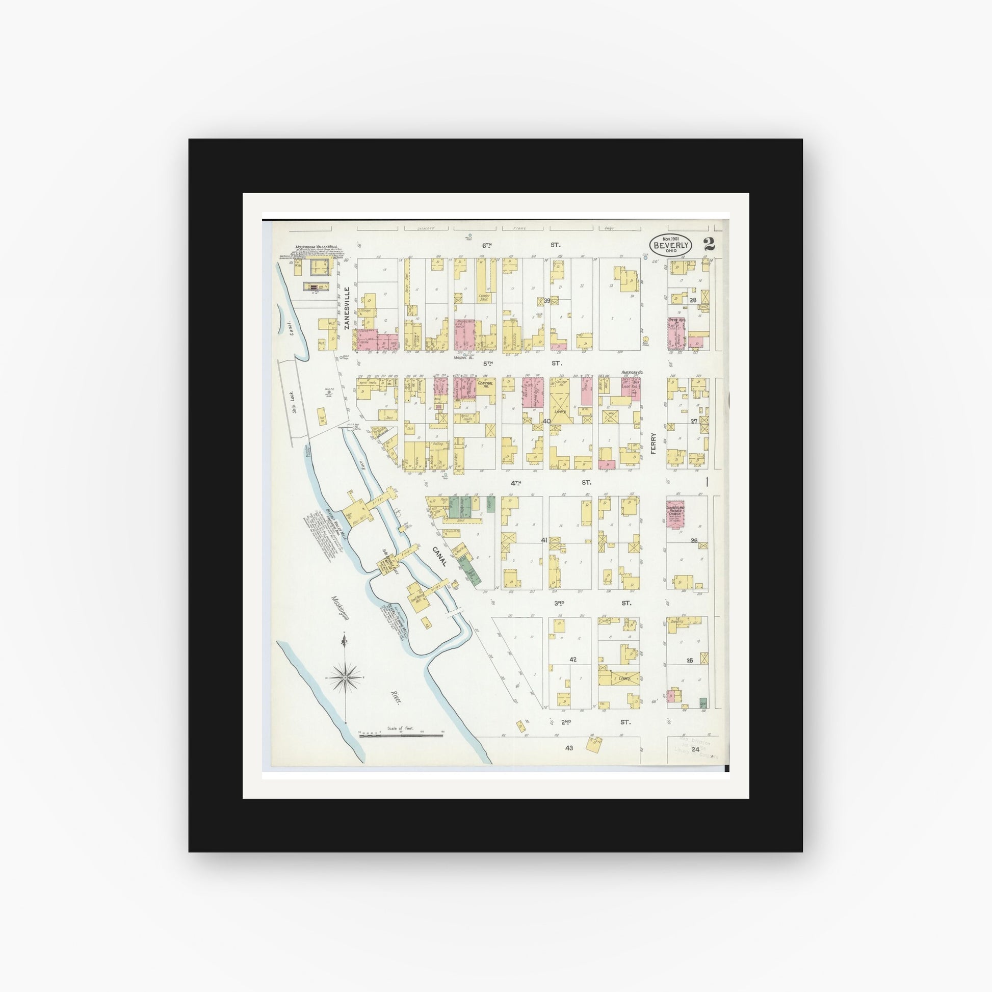 Old map wall art mockup — black gallery frame with white mat — Sanborn Fire Insurance Map from Beverly, Washington County, Ohio (1901), Sheet #0002
