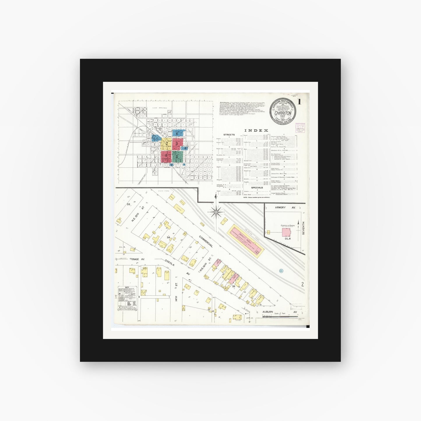 Old map wall art mockup — black gallery frame with white mat — Sanborn Fire Insurance Map from Chariton, Lucas County, Iowa (1907), Sheet #0001