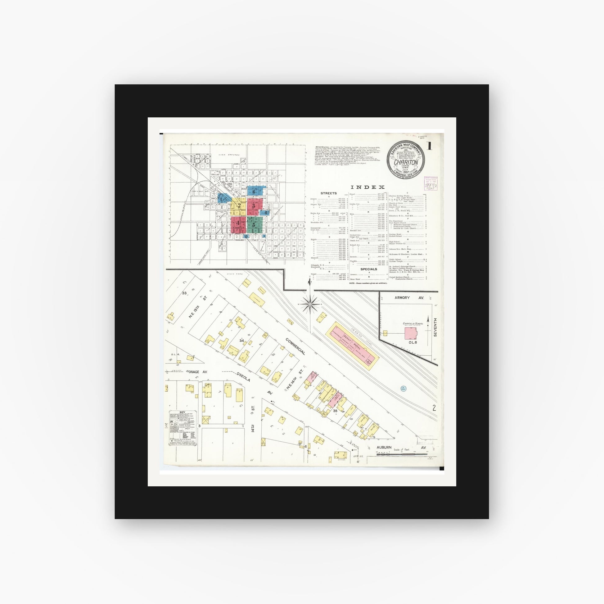 Old map wall art mockup — black gallery frame with white mat — Sanborn Fire Insurance Map from Chariton, Lucas County, Iowa (1907), Sheet #0001
