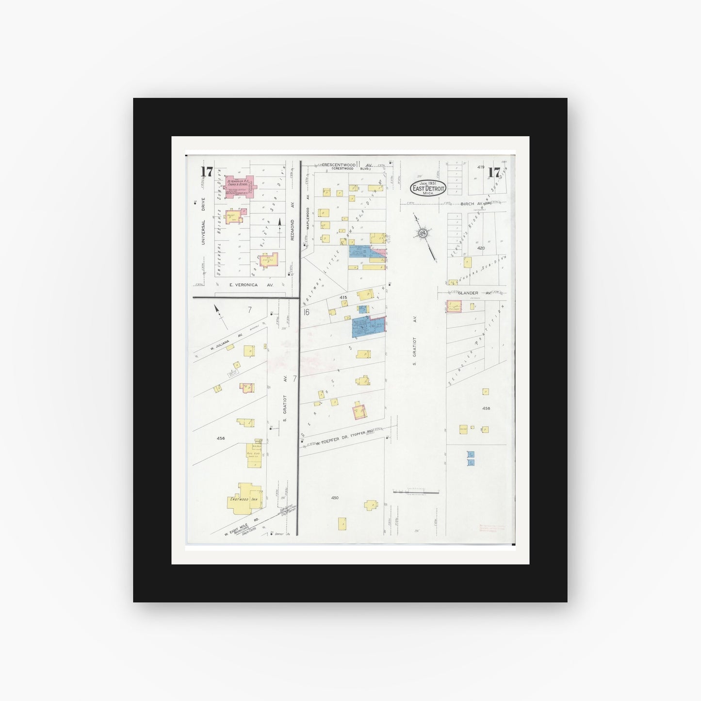 Old map wall art mockup — black gallery frame with white mat — Sanborn Fire Insurance Map from East Detroit, Macomb County, Michigan (1931), Sheet #0017