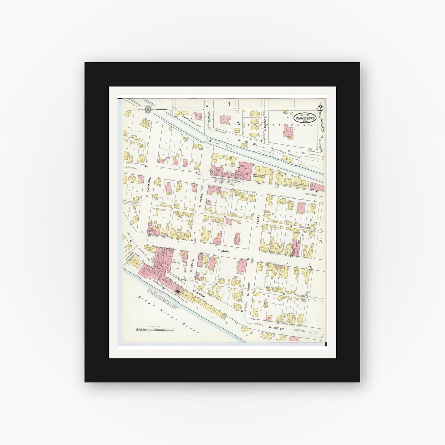 Old map wall art mockup — black gallery frame with white mat — Sanborn Fire Insurance Map from Miamisburg, Montgomery County, Ohio (1911), Sheet #0002