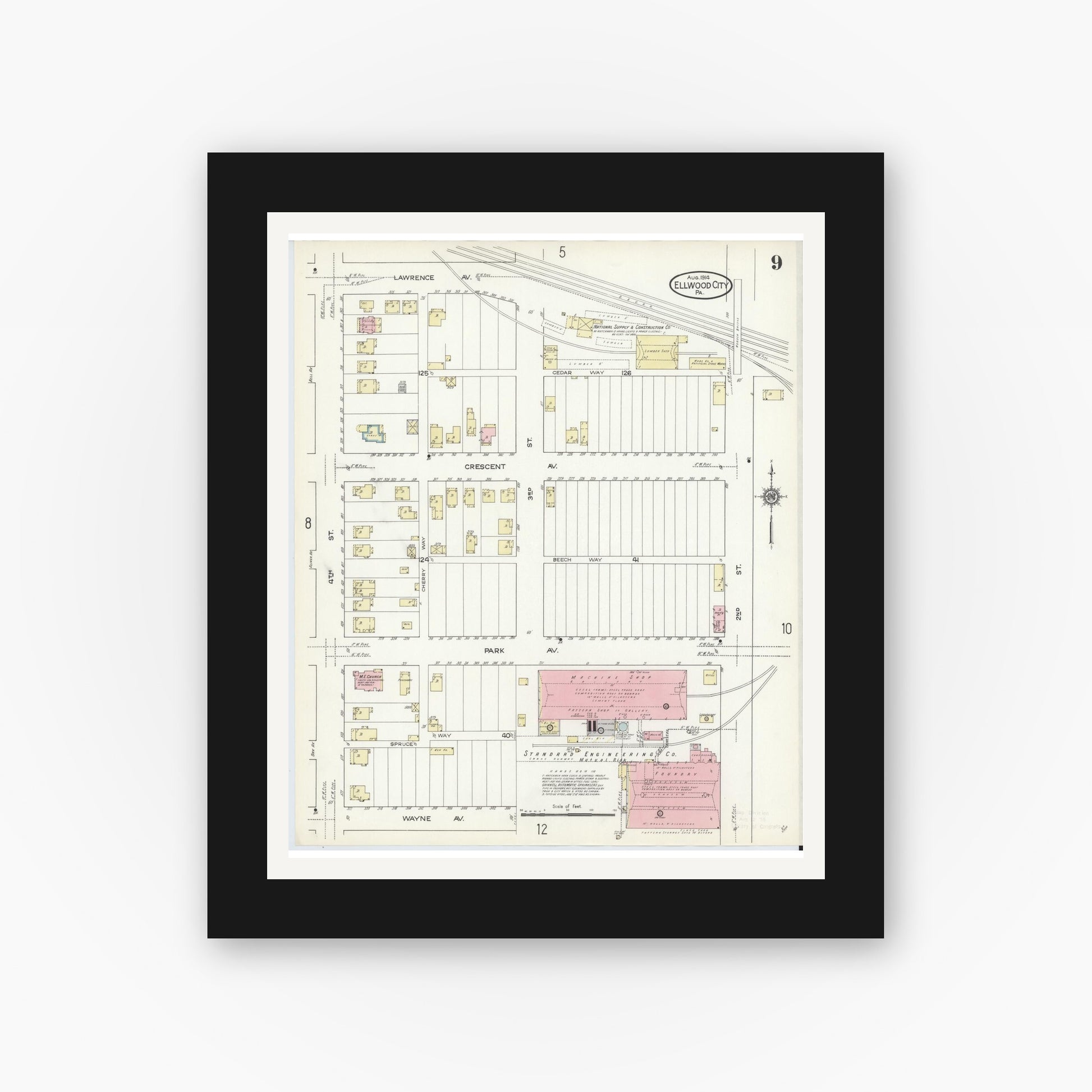 Old map wall art mockup — black gallery frame with white mat — Sanborn Fire Insurance Map from Ellwood City, Lawrence County, Pennsylvania (1914), Sheet #0009