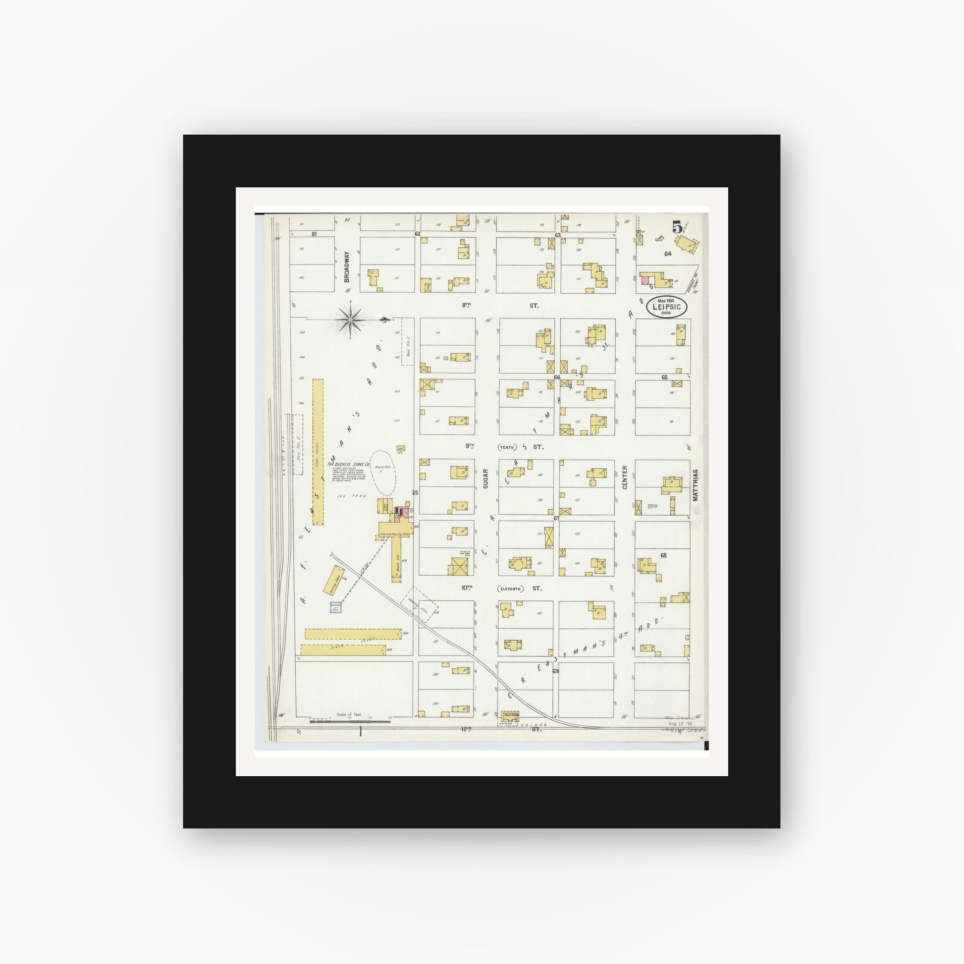 Old map wall art mockup — black gallery frame with white mat — Sanborn Fire Insurance Map from Leipsic, Putnam County, Ohio (1900), Sheet #0005