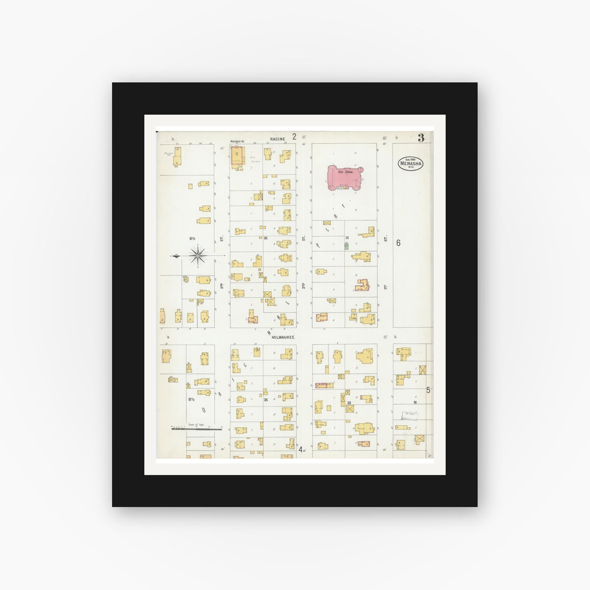 Old map wall art mockup — black gallery frame with white mat — Sanborn Fire Insurance Map from Menasha, Winnebago County, Wisconsin (1900), Sheet #0003