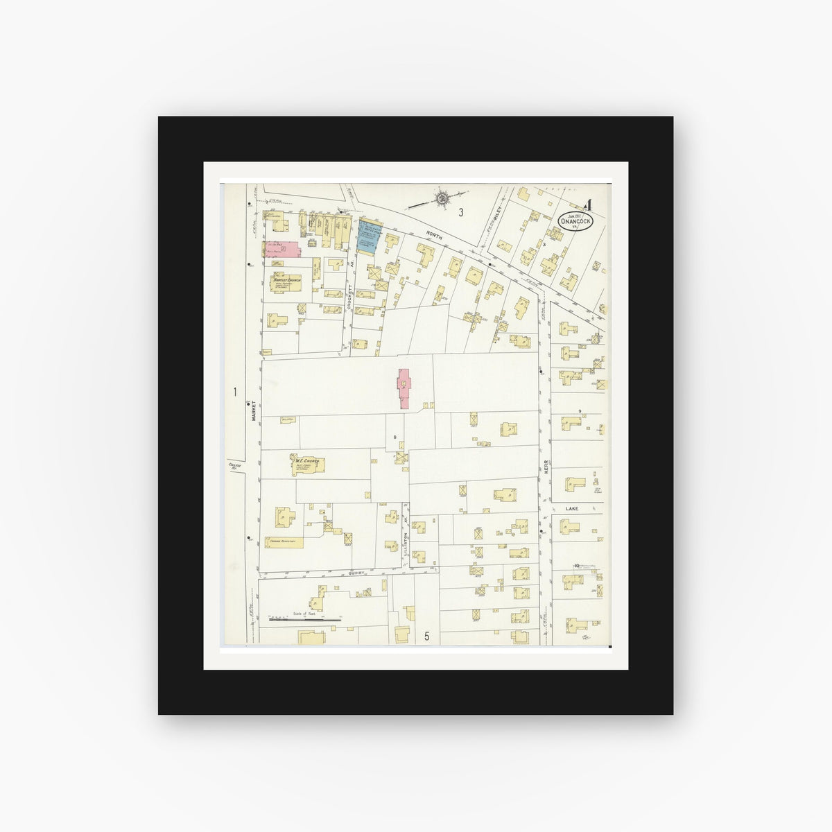 Old map wall art mockup — black gallery frame with white mat — Sanborn Fire Insurance Map from Onancock, Accomack County, Virginia (1912), Sheet #0004