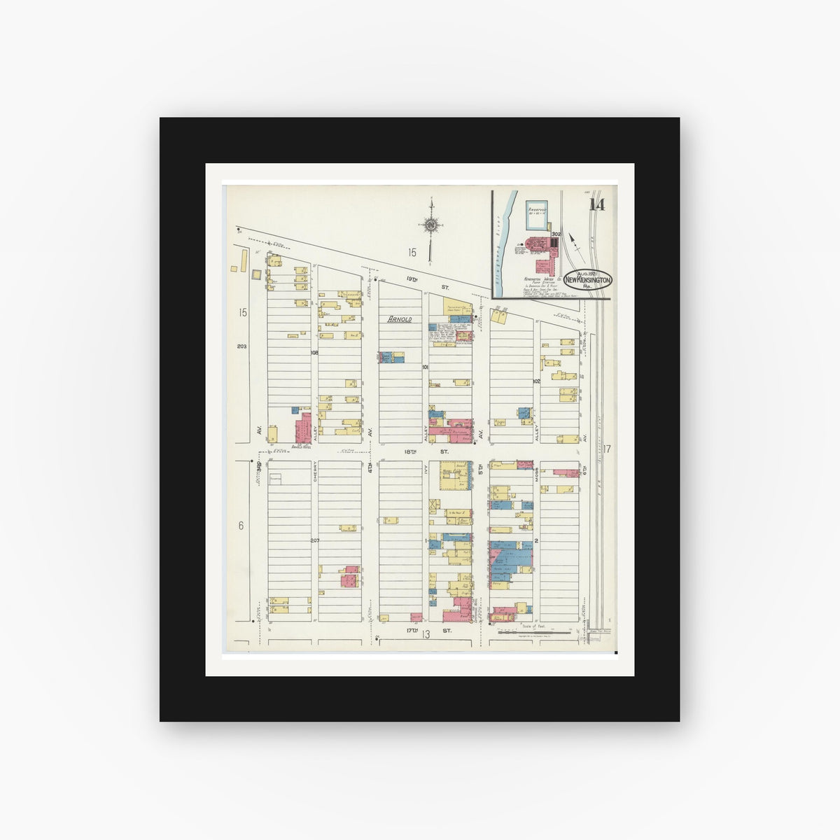 Old map wall art mockup — black gallery frame with white mat — Sanborn Fire Insurance Map from New Kensington, Westmoreland County, Pennsylvania (1921), Sheet #0014