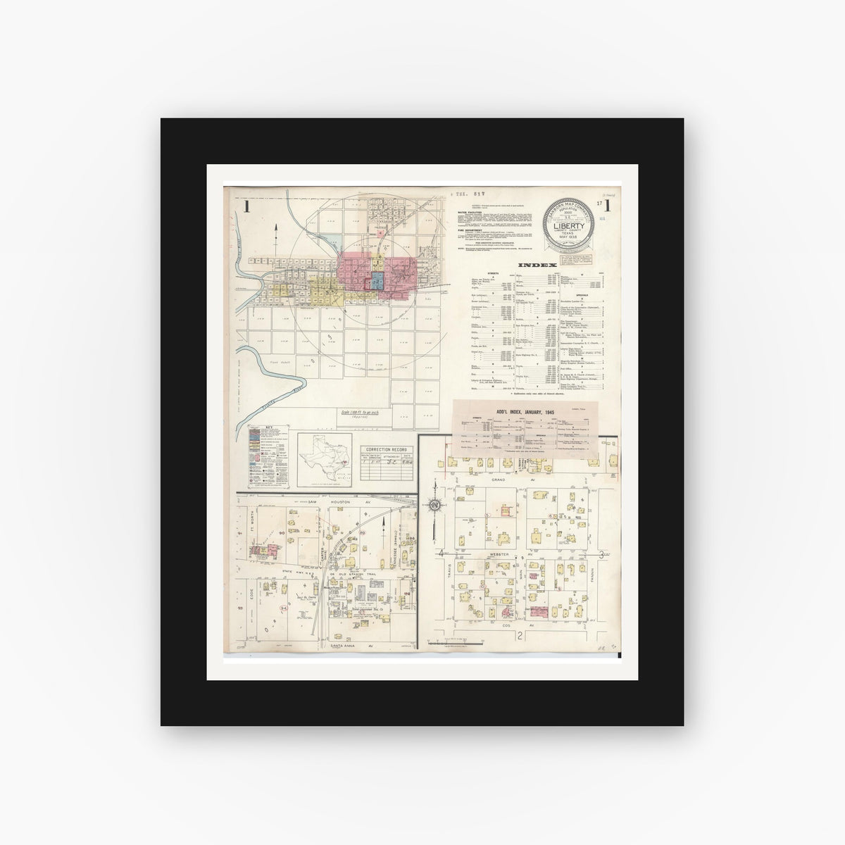 Old map wall art mockup — black gallery frame with white mat — Sanborn Fire Insurance Map from Liberty, Liberty County, Texas (1945), Sheet #0001