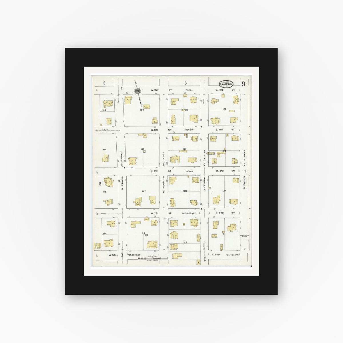 Old map wall art mockup — black gallery frame with white mat — Sanborn Fire Insurance Map from Cameron, Milam County, Texas (1920), Sheet #0009