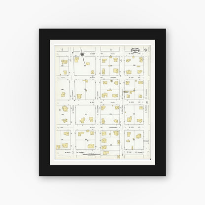 Old map wall art mockup — black gallery frame with white mat — Sanborn Fire Insurance Map from Cameron, Milam County, Texas (1920), Sheet #0009