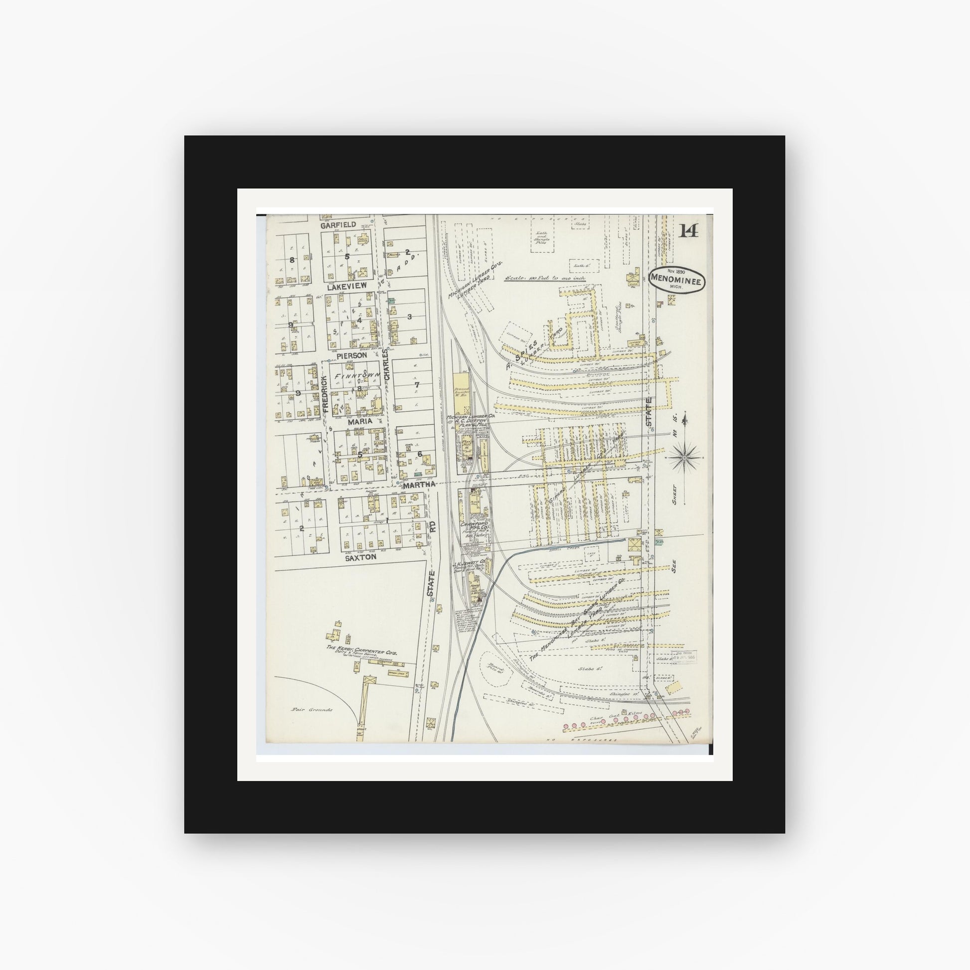 Old map wall art mockup — black gallery frame with white mat — Sanborn Fire Insurance Map from Menominee, Menominee County, Michigan (1890), Sheet #0014