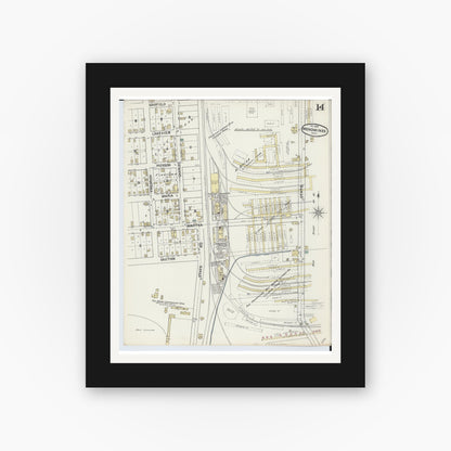Old map wall art mockup — black gallery frame with white mat — Sanborn Fire Insurance Map from Menominee, Menominee County, Michigan (1890), Sheet #0014