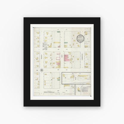 Old map wall art mockup — black gallery frame with white mat — Sanborn Fire Insurance Map from Sheldon, Vernon County, Missouri (1894), Sheet #0001