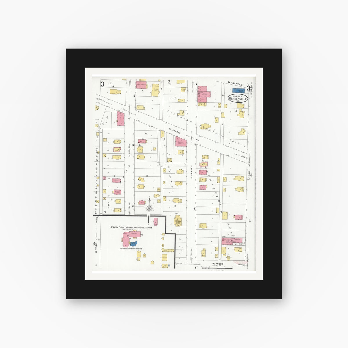 Old map wall art mockup — black gallery frame with white mat — Sanborn Fire Insurance Map from Bensenville, Dupage County, Illinois (1926), Sheet #0003
