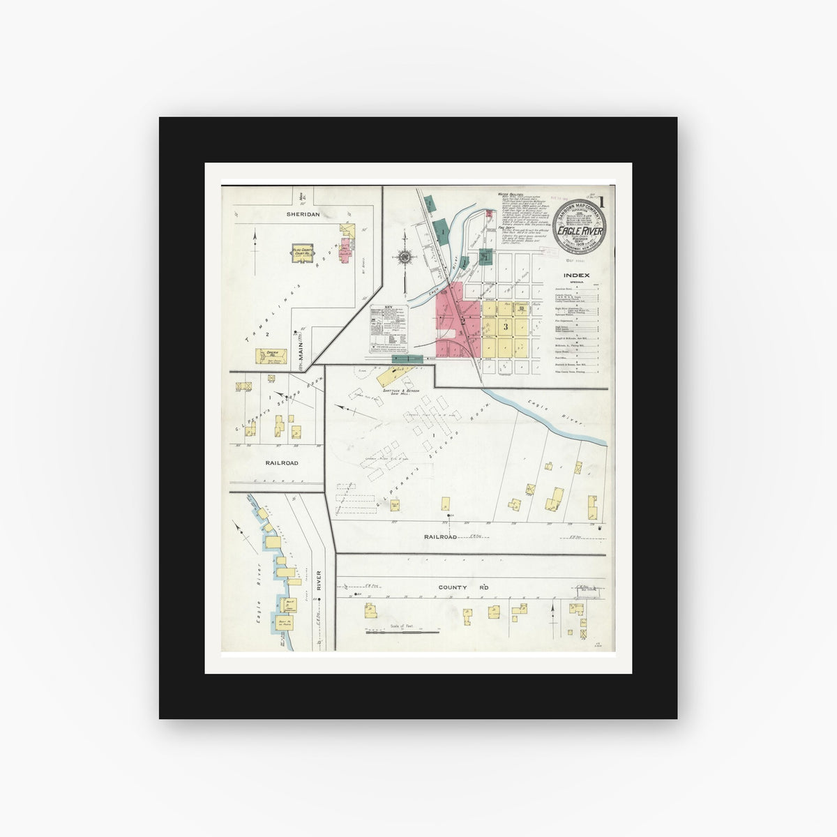 Old map wall art mockup — black gallery frame with white mat — Sanborn Fire Insurance Map from Eagle River, Vilas County, Wisconsin (1909) - Complete Map Set