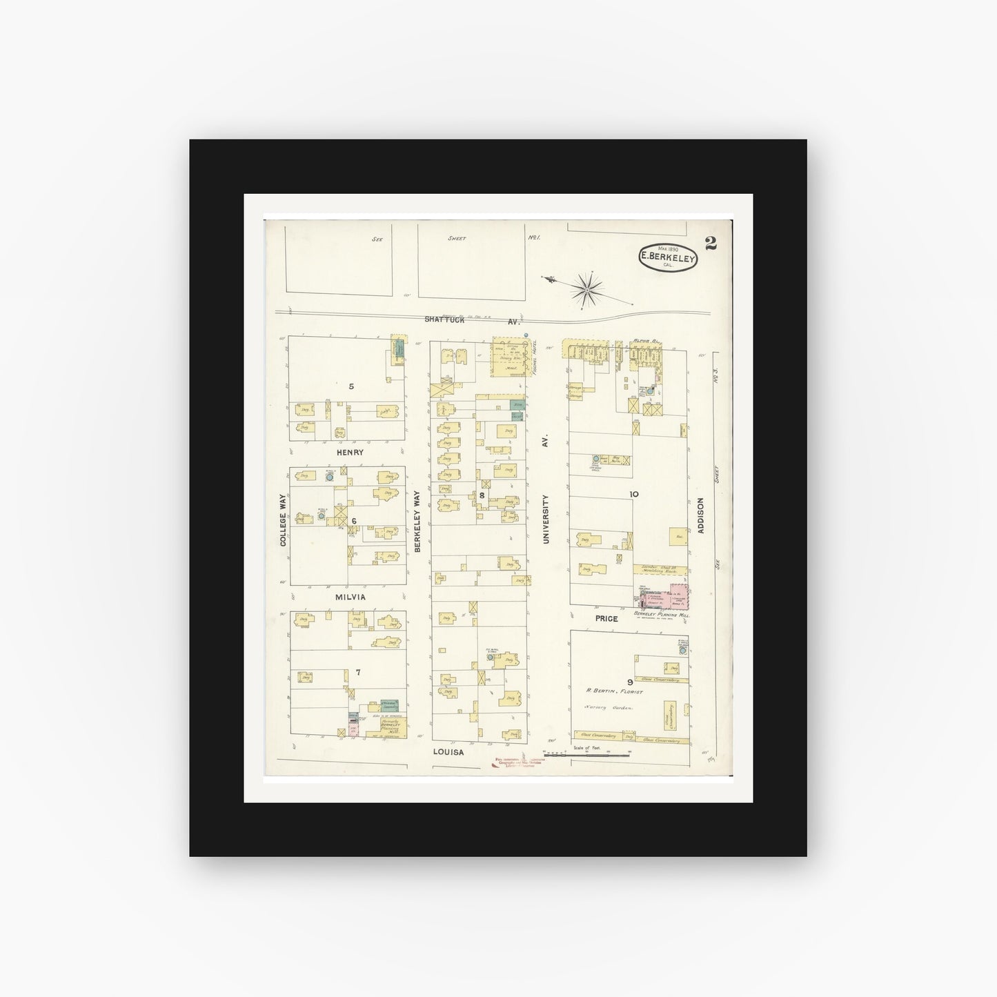 Old map wall art mockup — black gallery frame with white mat — Sanborn Fire Insurance Map from East Berkeley, Alameda County, California (1890), Sheet #0002