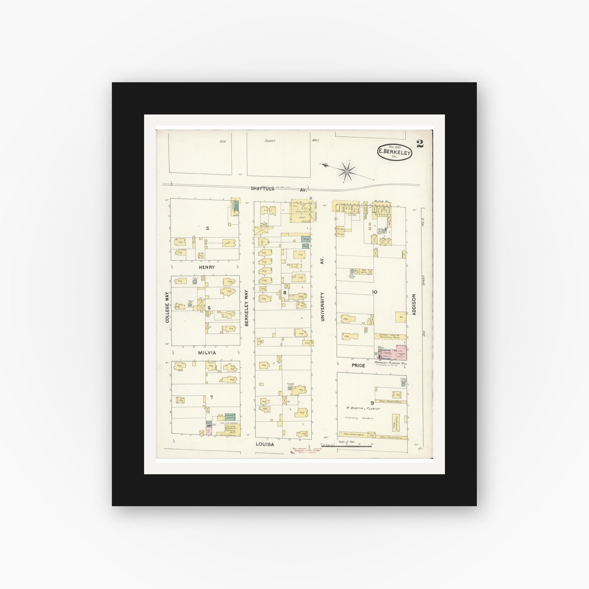 Old map wall art mockup — black gallery frame with white mat — Sanborn Fire Insurance Map from East Berkeley, Alameda County, California (1890), Sheet #0002
