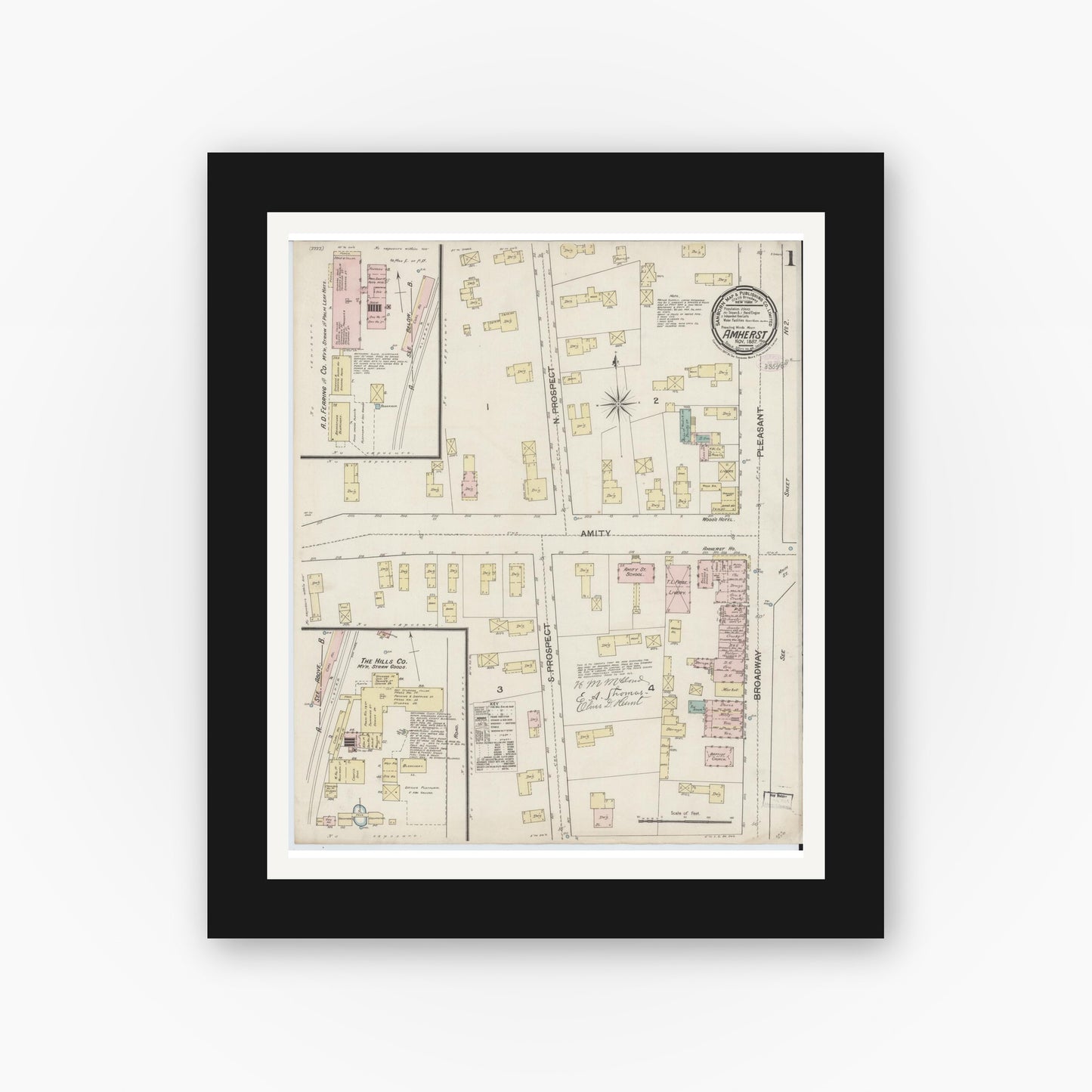 Old map wall art mockup — black gallery frame with white mat — Sanborn Fire Insurance Map from Amherst, Hampshire County, Massachusetts (1887), Sheet #0001