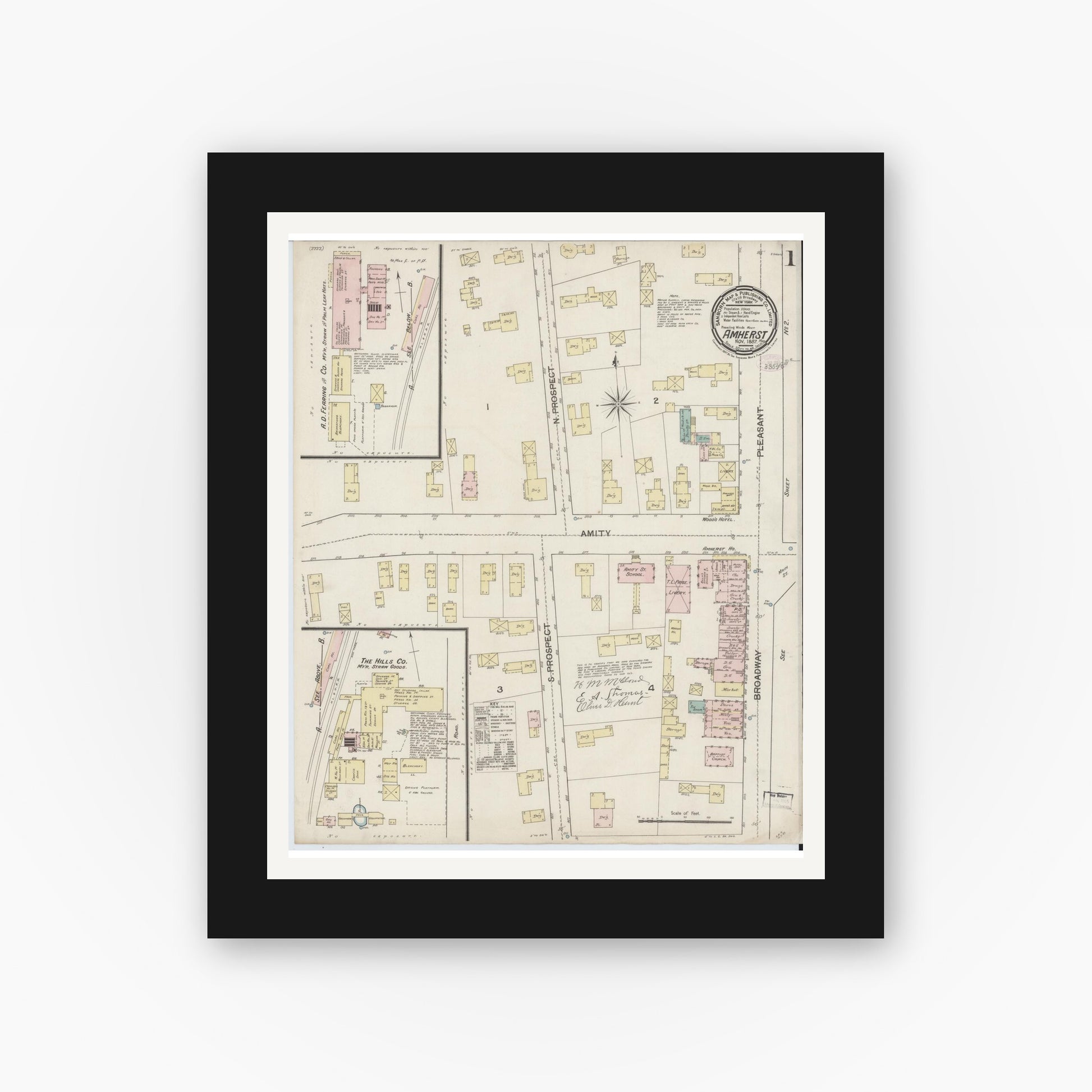 Old map wall art mockup — black gallery frame with white mat — Sanborn Fire Insurance Map from Amherst, Hampshire County, Massachusetts (1887), Sheet #0001