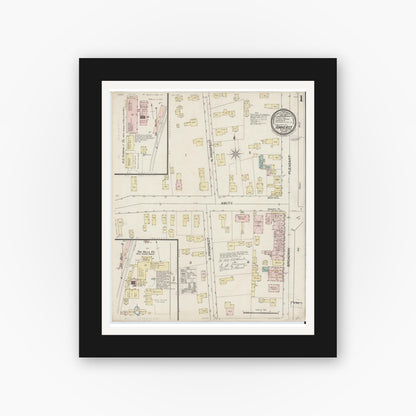 Old map wall art mockup — black gallery frame with white mat — Sanborn Fire Insurance Map from Amherst, Hampshire County, Massachusetts (1887), Sheet #0001
