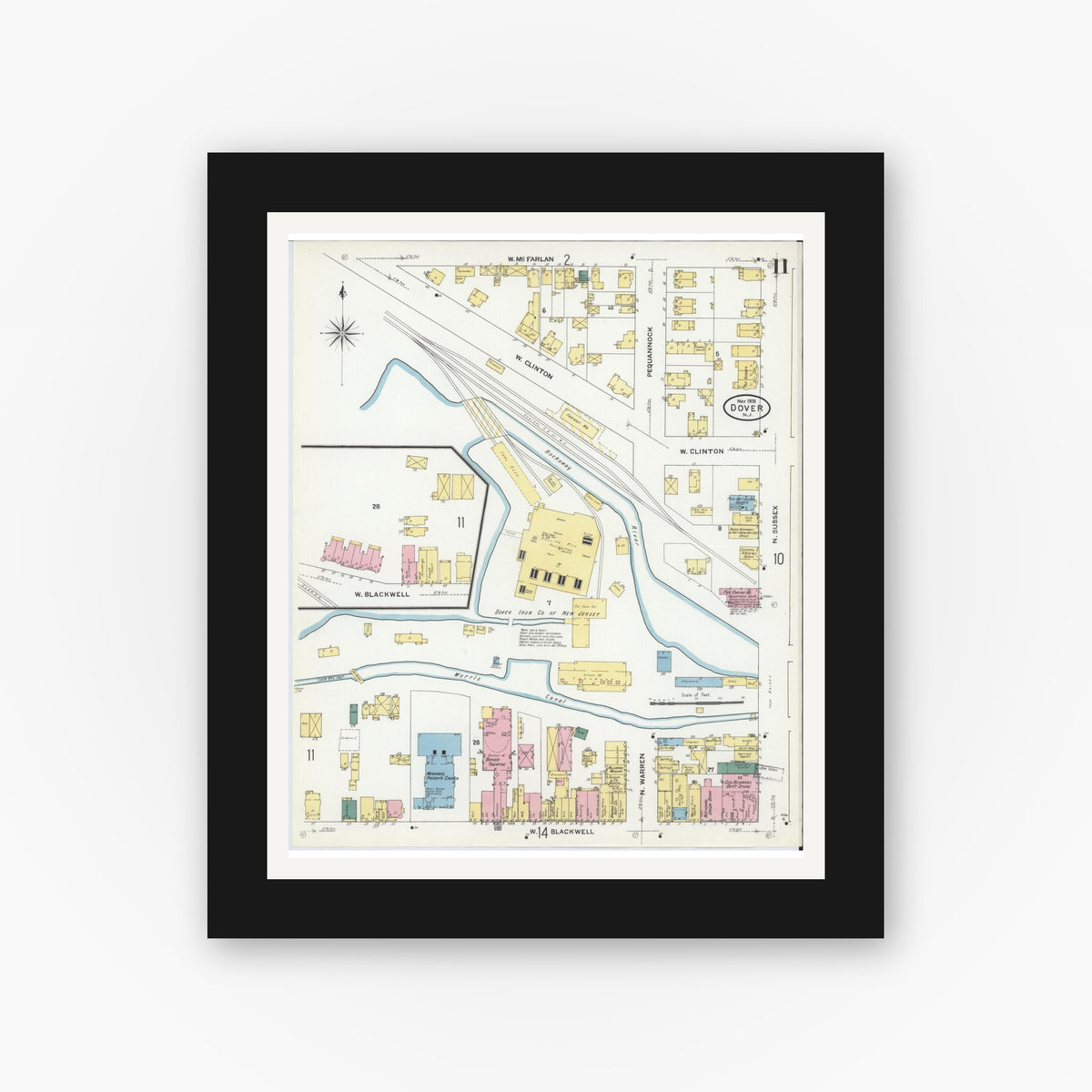 Old map wall art mockup — black gallery frame with white mat — Sanborn Fire Insurance Map from Dover, Morris County, New Jersey (1909), Sheet #0011