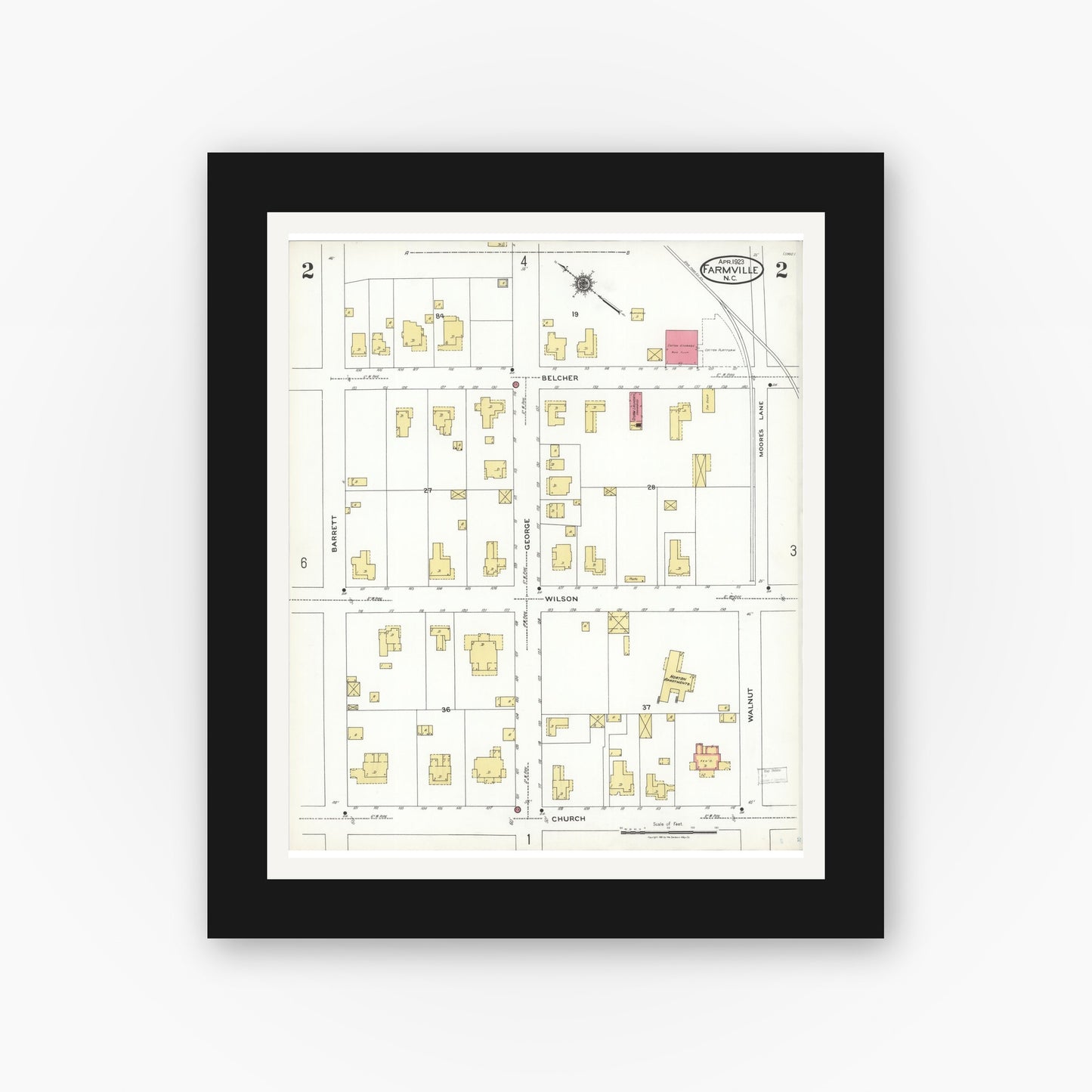 Old map wall art mockup — black gallery frame with white mat — Sanborn Fire Insurance Map from Farmville, Pitt County, North Carolina (1923), Sheet #0002