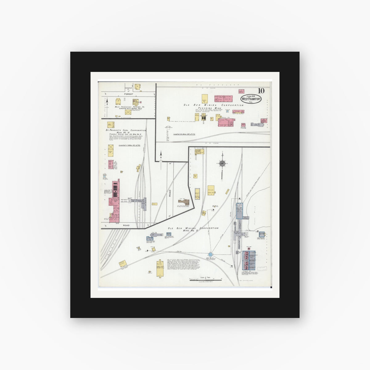 Old map wall art mockup — black gallery frame with white mat — Sanborn Fire Insurance Map from West Frankfort, Franklin County, Illinois (1919), Sheet #0010