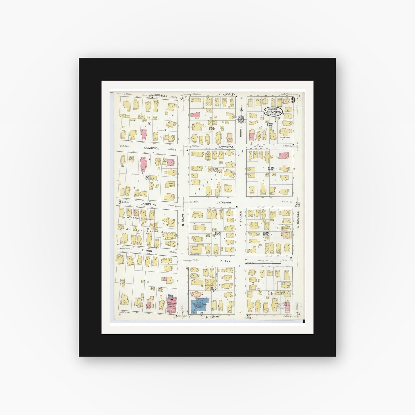 Old map wall art mockup — black gallery frame with white mat — Sanborn Fire Insurance Map from Ann Arbor, Washtenaw County, Michigan (1916), Sheet #0009