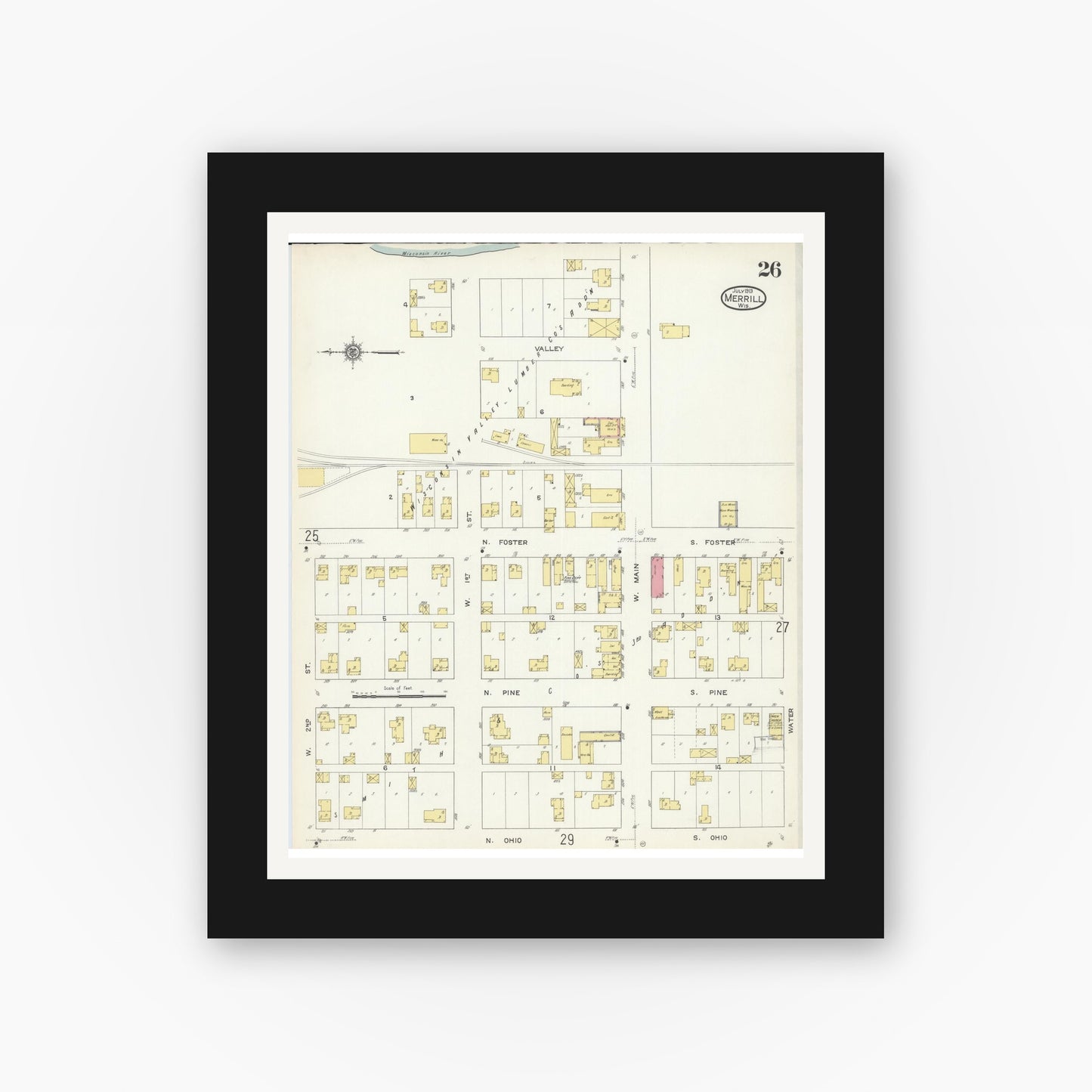 Old map wall art mockup — black gallery frame with white mat — Sanborn Fire Insurance Map from Merrill, Lincoln County, Wisconsin (1913), Sheet #0026