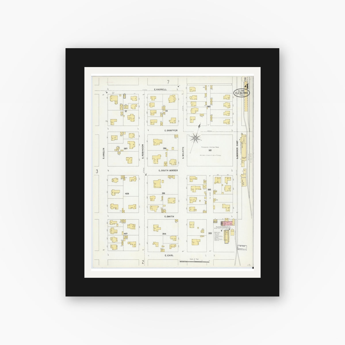 Old map wall art mockup — black gallery frame with white mat — Sanborn Fire Insurance Map from Cleburne, Johnson County, Texas (1904), Sheet #0004