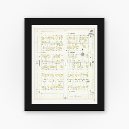 Old map wall art mockup — black gallery frame with white mat — Sanborn Fire Insurance Map from Denison, Grayson County, Texas (1908), Sheet #0021