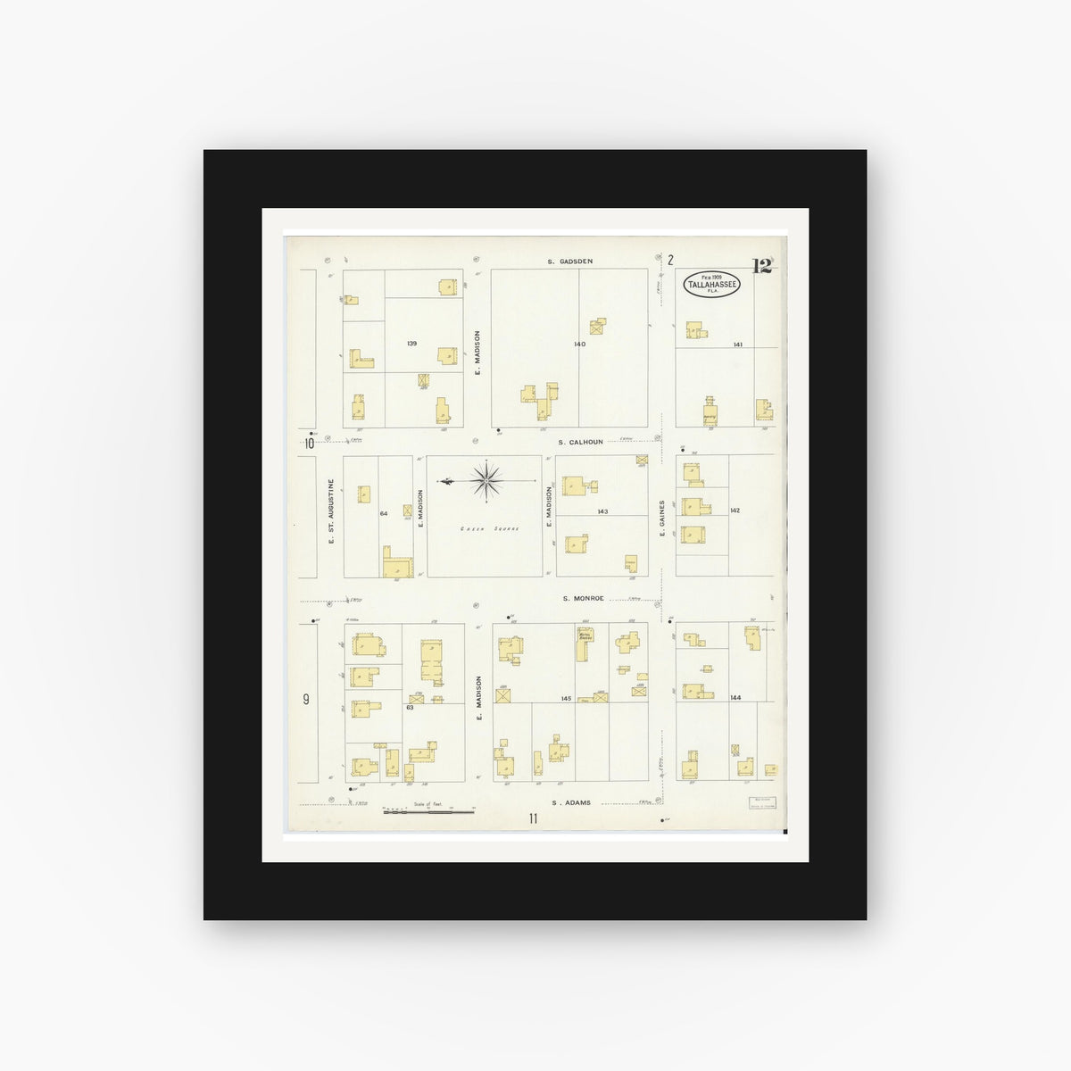 Old map wall art mockup — black gallery frame with white mat — Sanborn Fire Insurance Map from Tallahassee, Leon County, Florida (1909), Sheet #0012