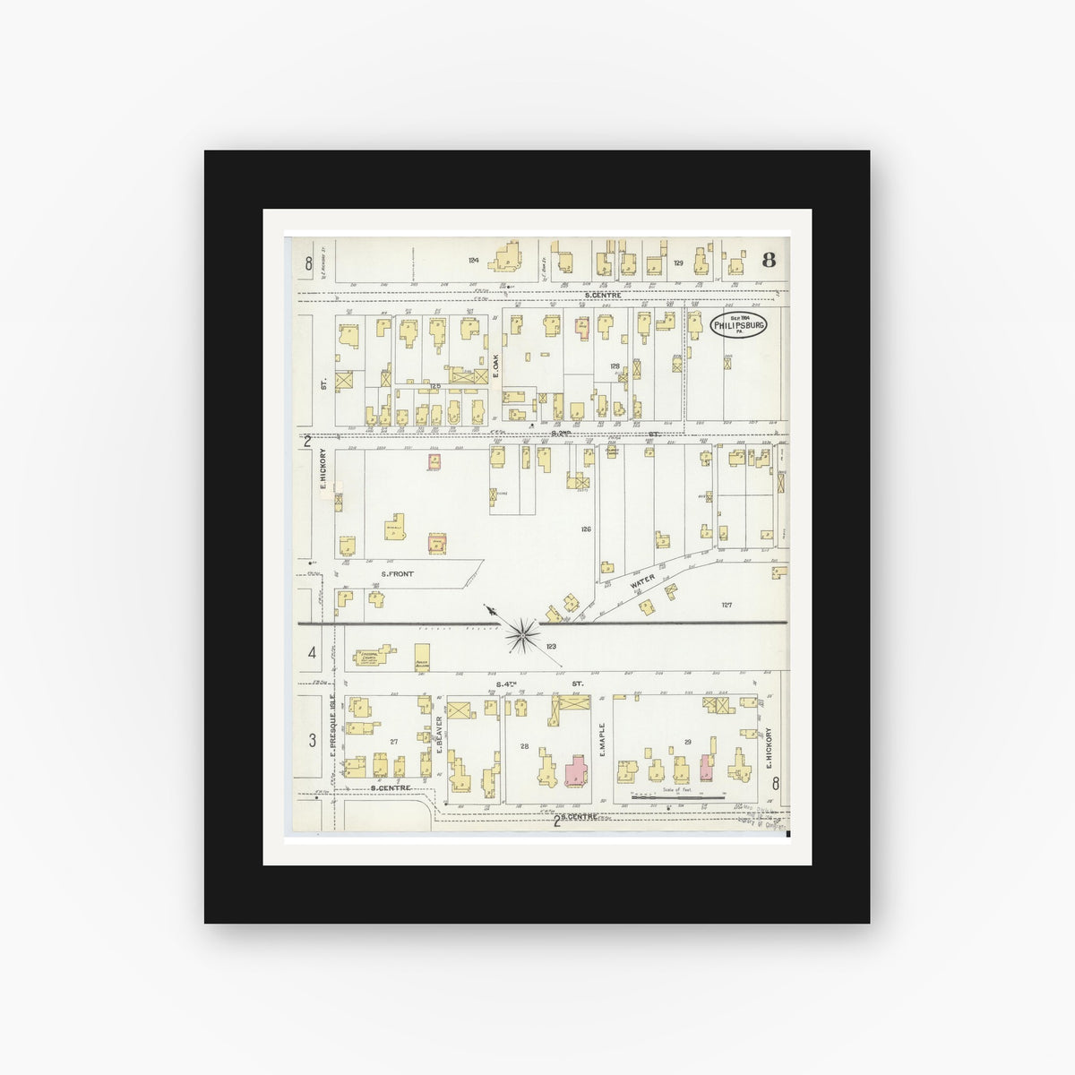 Old map wall art mockup — black gallery frame with white mat — Sanborn Fire Insurance Map from Philipsburg, Centre County, Pennsylvania (1904), Sheet #0008