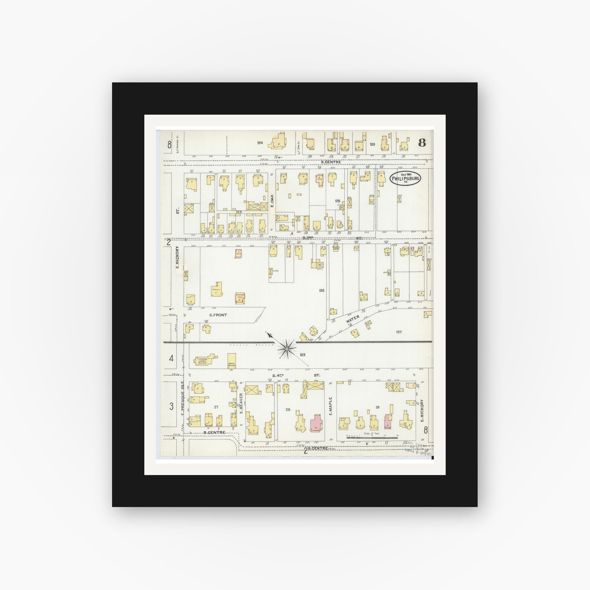 Old map wall art mockup — black gallery frame with white mat — Sanborn Fire Insurance Map from Philipsburg, Centre County, Pennsylvania (1904), Sheet #0008