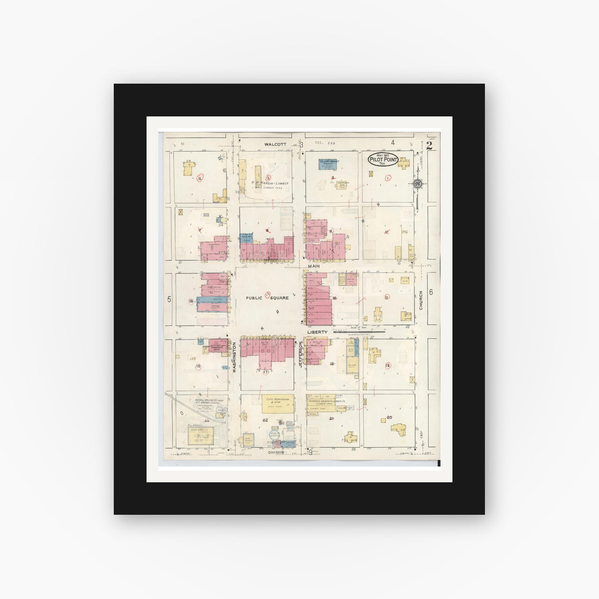 Old map wall art mockup — black gallery frame with white mat — Sanborn Fire Insurance Map from Pilot Point, Denton County, Texas (1940), Sheet #0002